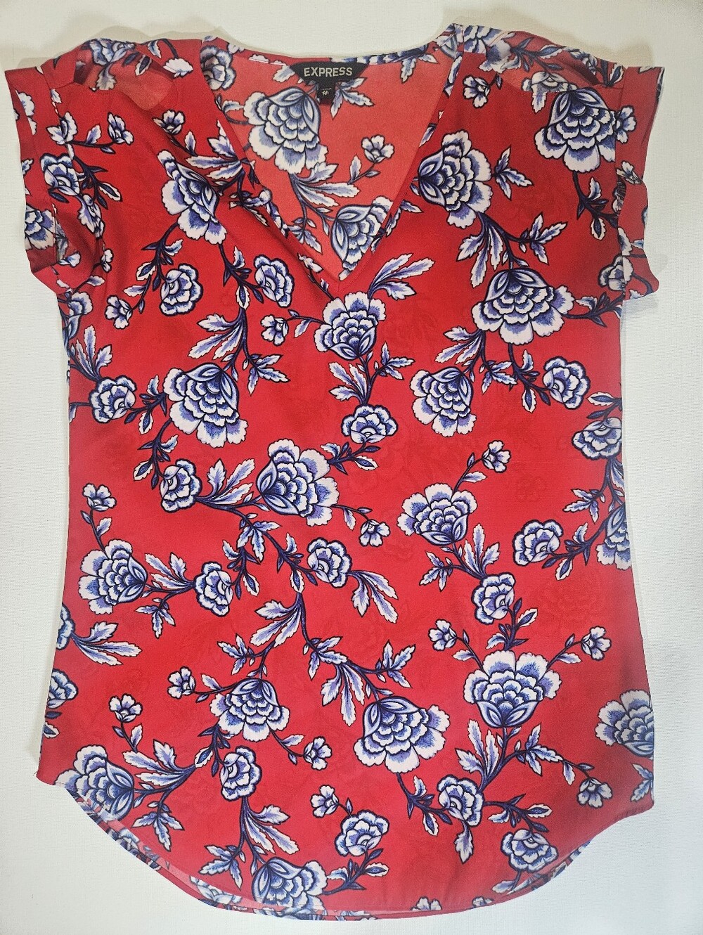 Express Blouse Womens XS Red Grey Floral Ruffle Shoulder Boho Chic Cottagecore
